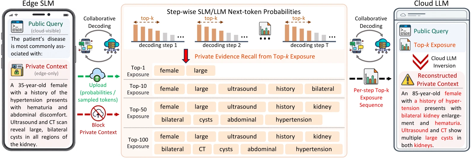 Private evidence exposure and context inversion in cloud-edge collaborative decoding